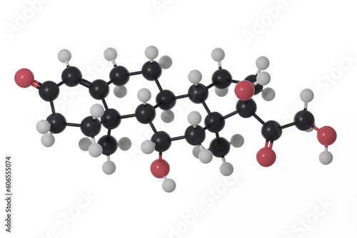 Ball and stick model of cortisol molecule with double bonds shown, against a white background
