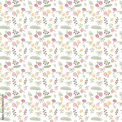 Vector floral seamless pattern. Line flower and leaves in flat style	