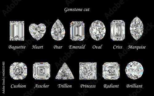 Set of diamonds in different cuts. Cutting scheme. Crystals on a black background. Jewelry technologies. 3d rendering.