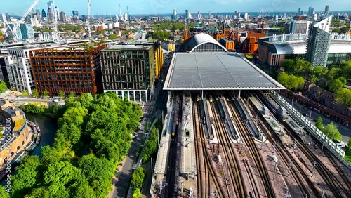 Aerial footage of St Pancras and Kings Cross train stations in London, England, UK
