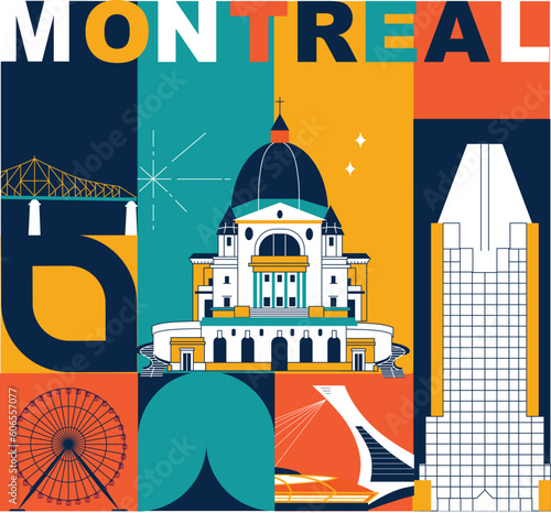Typography word Montreal branding technology concept. Collection of flat vector web icons. Culture travel set, famous architectures, specialties silhouette. Canada famous landmark, split video screen