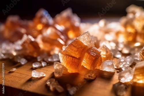 Demerara sugar crystals scattered on a wooden surface photo