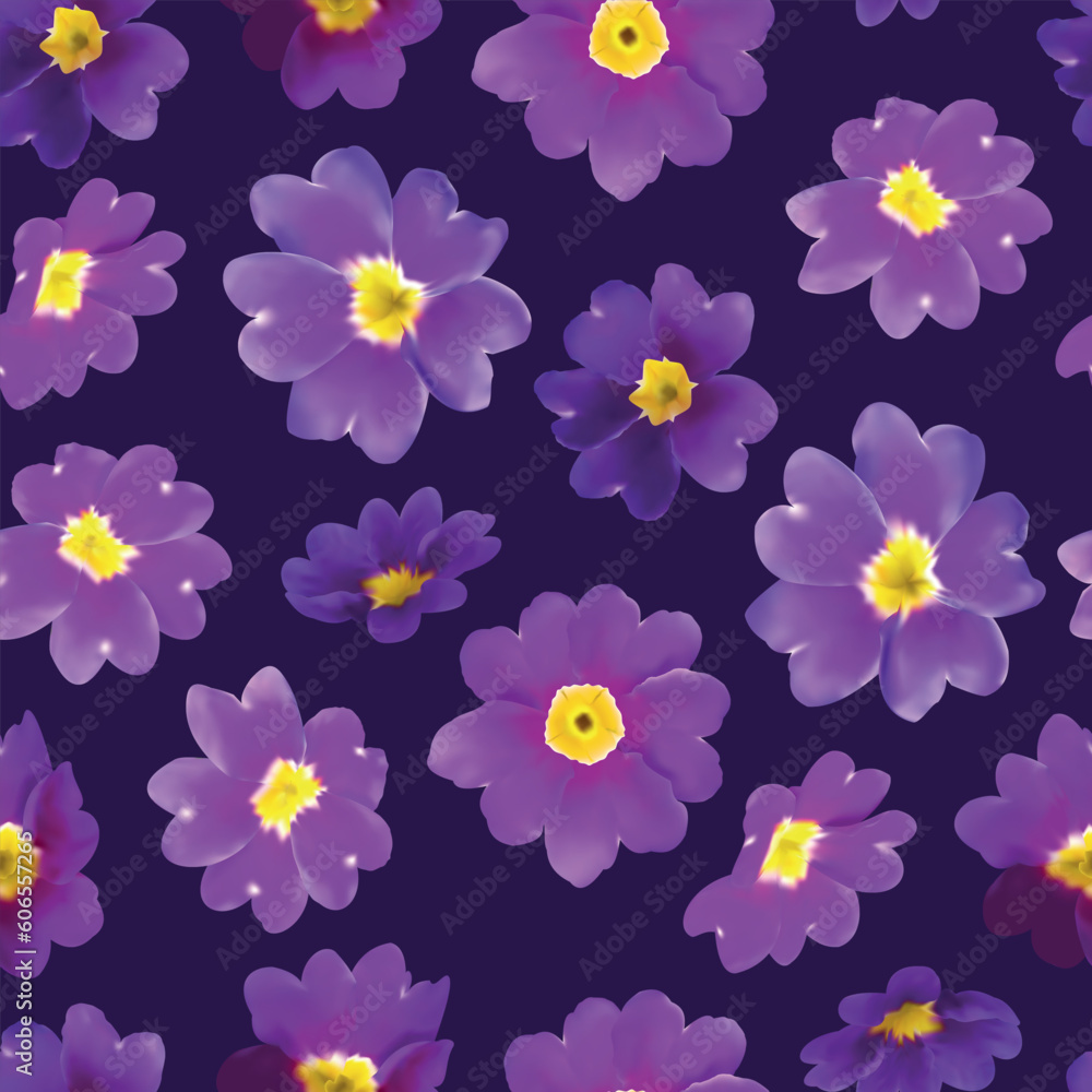 Seamless pattern with primrose buds on a dark purple background