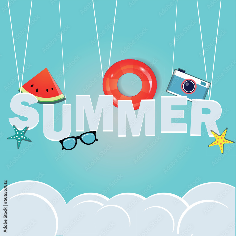 Hello summer with decoration origami hanging on blue sky background. Paper art and craft style. Vector illustration of life ring, ice cream, camera, watermelon, sunglasses. - obrazy, fototapety, plakaty 