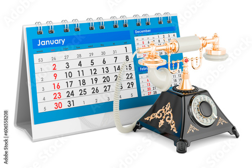Old-fashioned phone with desk calendar. 3D rendering photo
