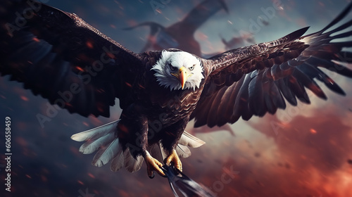 eagle with USA American flag patriotic background. Freedom, patriotism. AI generated image.