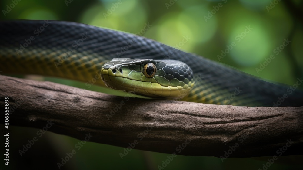 A unique perspective of a snake's intricate body coiled around a branch, highlighting its flexibility and adaptability A unique perspective of a snake's intricate body coiled around a branch, highlighting its flexibility and adaptability