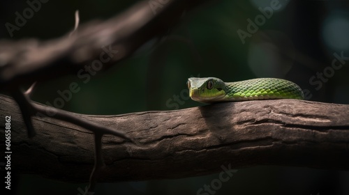 green snake on a branch bokeh backgorund photo