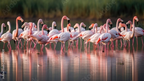 A flock of elegant flamingos gracefully wading in shallow, turquoise waters, their long legs creating a mesmerizing reflection