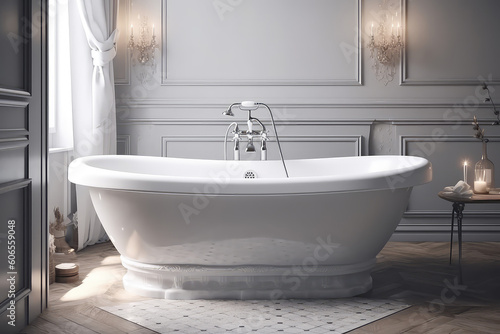 White classic bathtub front view  bathroom in light colors. Scandinavian minimalist style  stylish bathroom.  Generative AI professional photo imitation.