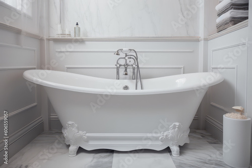 White classic bathtub front view  bathroom in light colors. Scandinavian minimalist style  stylish bathroom.  Generative AI professional photo imitation.