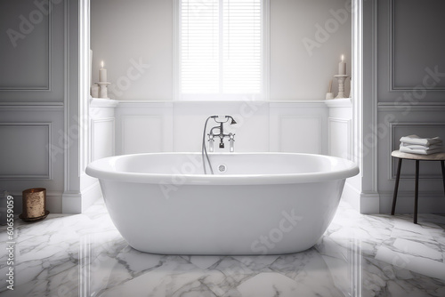 White classic bathtub front view  bathroom in light colors. Scandinavian minimalist style  stylish bathroom.  Generative AI professional photo imitation.