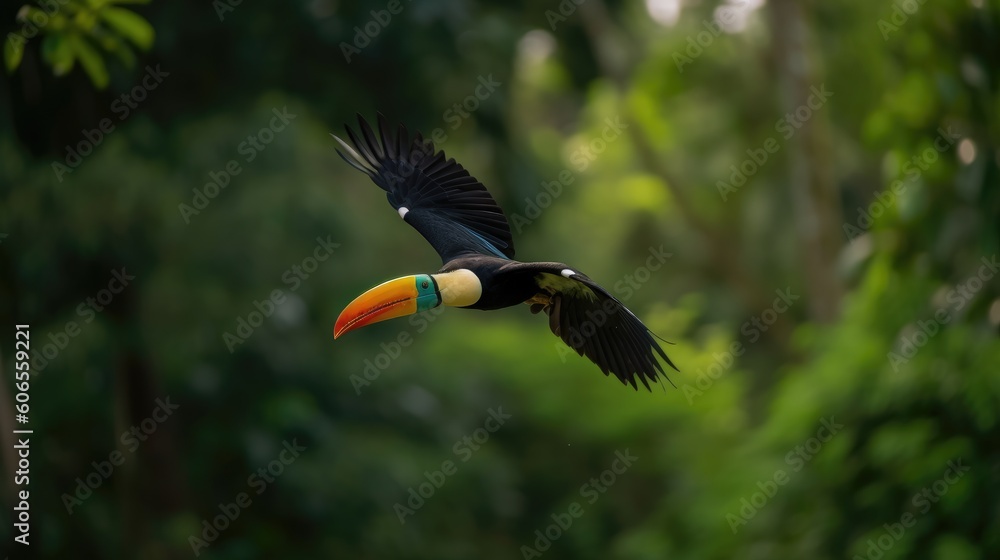 Fototapeta premium From tree to tree, a toucan's flight is a marvel of precision and navigation