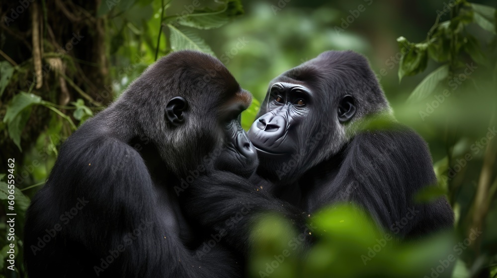 The gentle touch shared between a male and female gorilla, a testament to their deep connection The gentle touch shared between a male and female gorilla, a testament to their deep connection