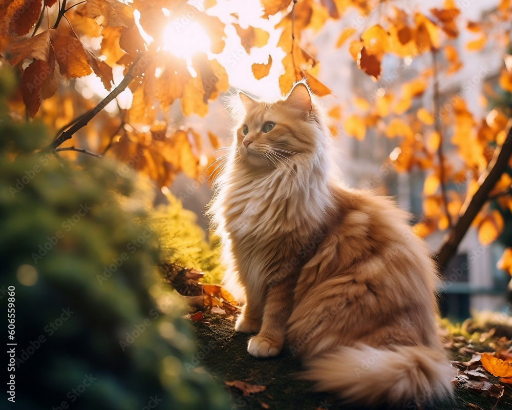 fluffy ginger orange cat in a garden outdoors in late summer / early fall autumn - Generative AI