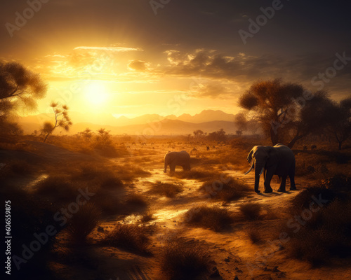 Golden hour in the savannah. Two elephants walk by the dry land at sunset. Generative AI.