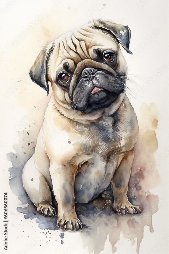 Pug dog watercolor style painting. Generative AI illustration