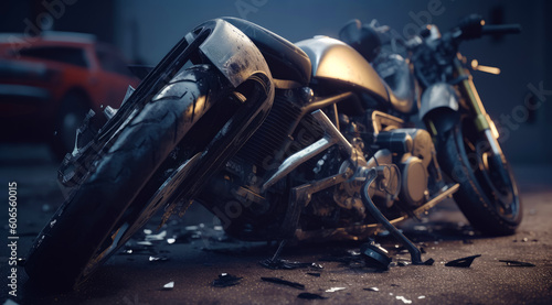 Motorcycle badly damaged in the accident. Ruined bike unable to ride. Close up. Generative AI.