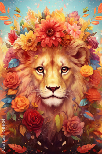 Lion in a bed of flowers. Generated by AI