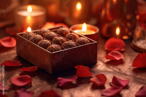 box in the shape of a chocolate bonbon  with rose petals and candles around it  valentine s day gift  ai generated.