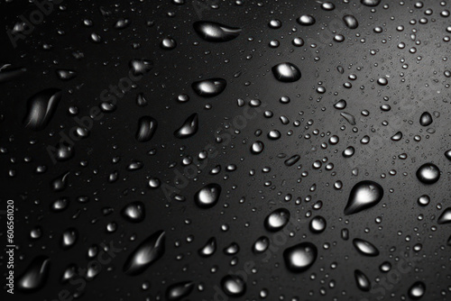 Obraz na płótnie Water drops on a black leather surface. Close up water drops on black background. Abstract black wet texture with bubbles on plastic PVC surface or grunge. Realistic pure water droplets condensed. AI w salonie