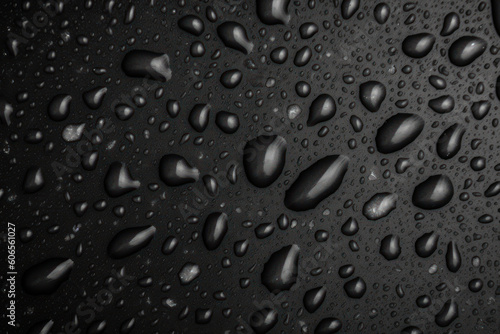 Water drops on a black leather surface. Close up water drops on black background. Abstract black wet texture with bubbles on plastic PVC surface or grunge. Realistic pure water droplets condensed. AI