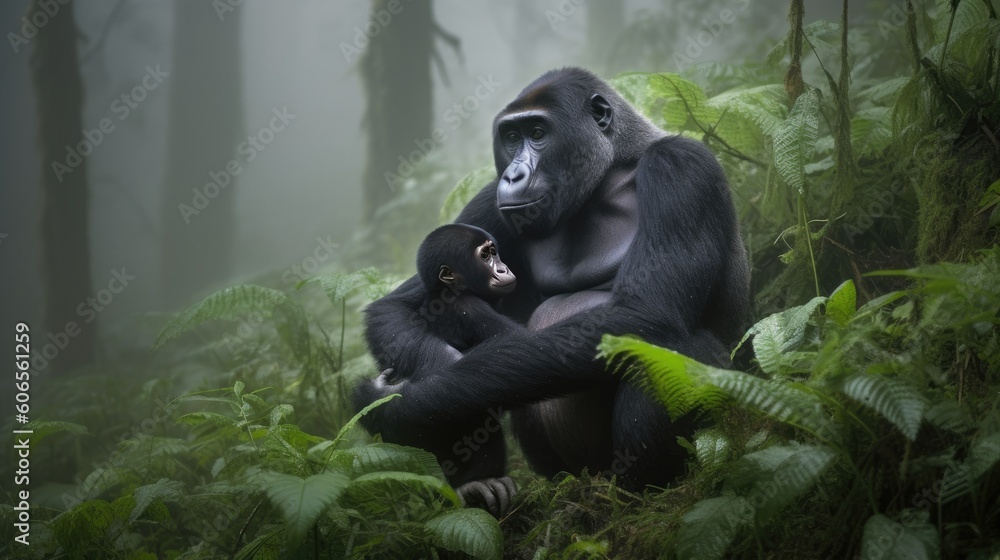 A tender moment captured as a baby gorilla playfully interacts with its caring mother