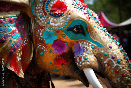 Decorated elephant head at the Elephant Festival. AI