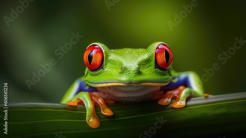 A mesmerizing image of a Red-eyed Tree Frog perched on a vibrant green leaf