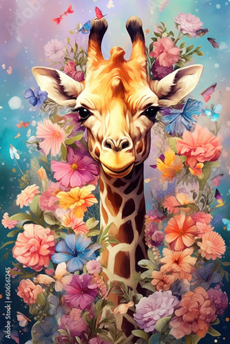 Giraffe in a bed of flowers. Generated by AI