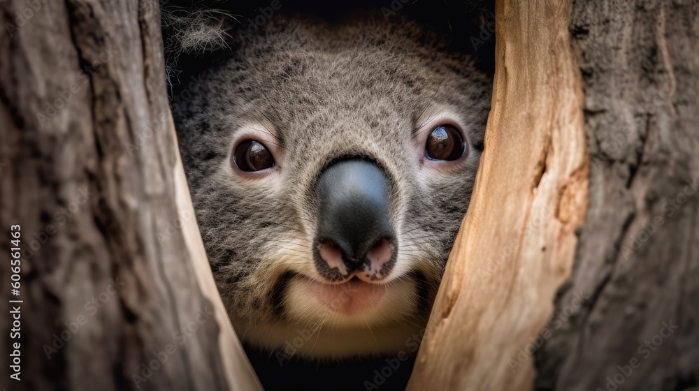 koala bear looking out from a tree bark