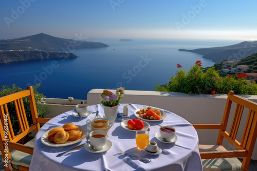 Breakfast on the veranda of the hotel with a magnificent view of the Greek island and the sea. AI