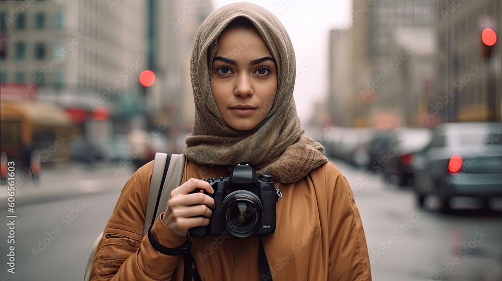 The Beauty of Diversity: A Muslim Hipster Girl Traveler Capturing City Life with a Camera, generative ai