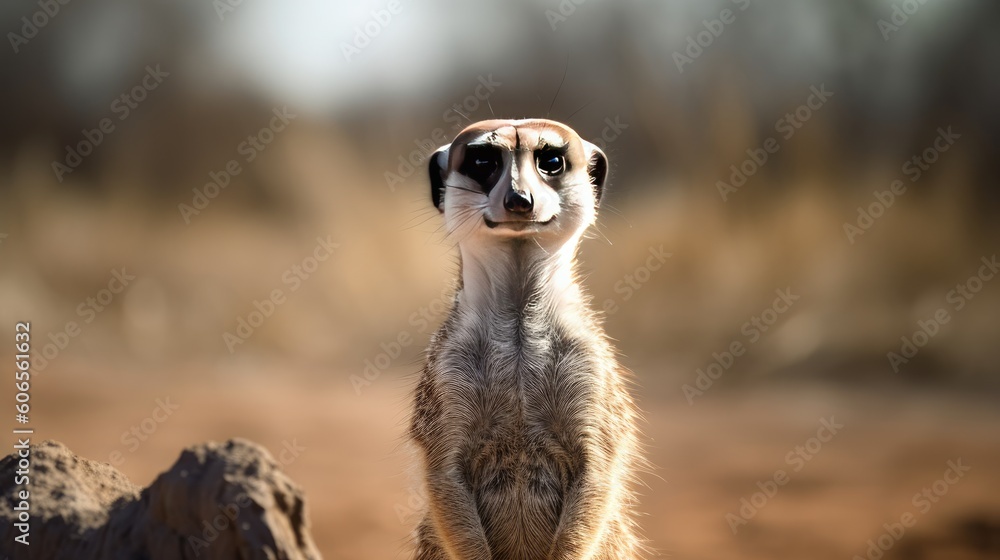 Peering curiously, the meerkat's close-up reveals its charming personality Peering curiously, the meerkat's close-up reveals its charming personality