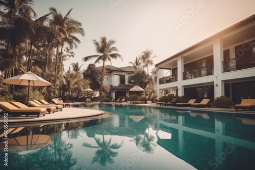 Tropical front hotel resort with swimming pool  sun-loungers and palm trees during a sunny day. Concept summer holiday. AI