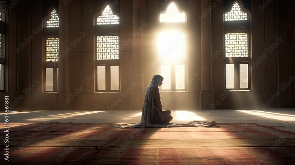 A Muslim Woman in Hijab Praying on a Mat Indoors, generative ai A Muslim Woman in Hijab Praying on a Mat Indoors, generative ai