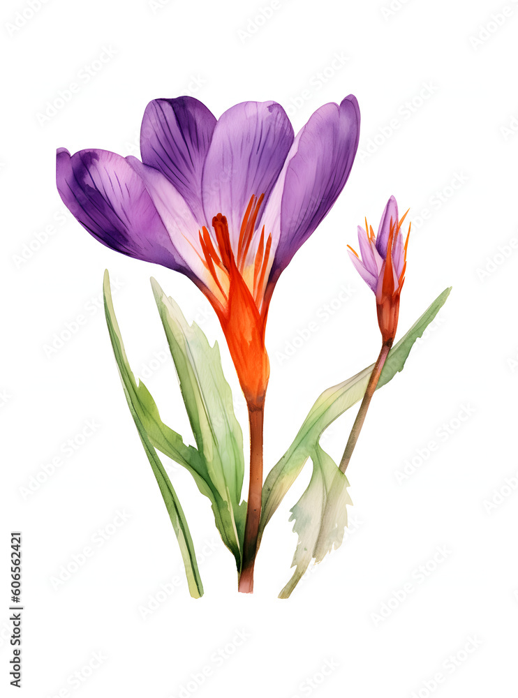 Watercolor Saffron flower with leaves isolated on white background Watercolor Saffron flower with leaves isolated on white background