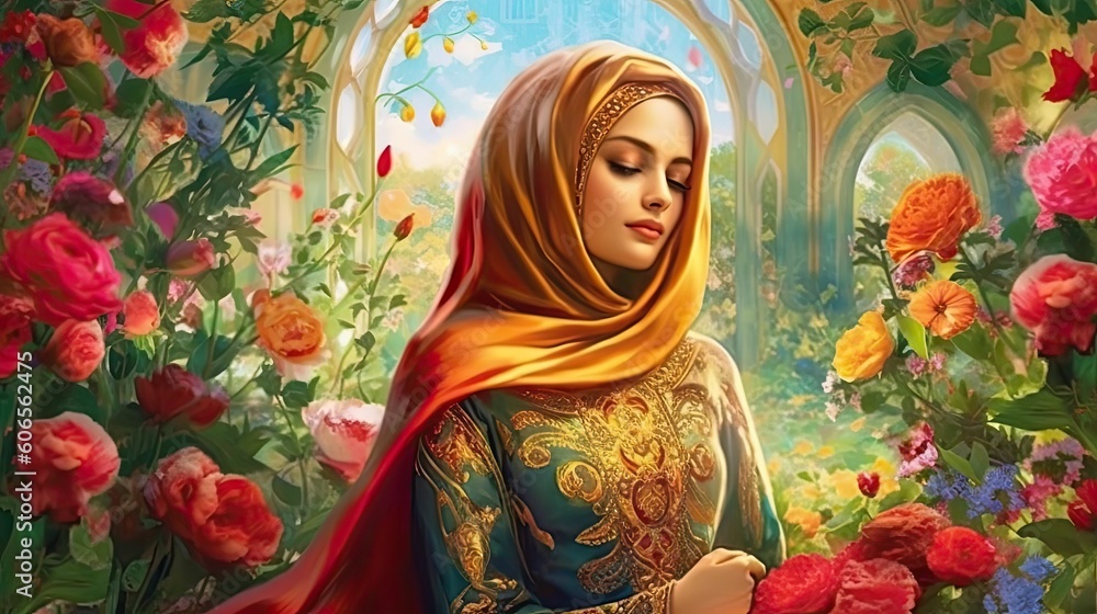 Fototapeta premium The Grace of Mod Fashion: A Muslim Queen in a Stunning and Opulent Dress, generative ai