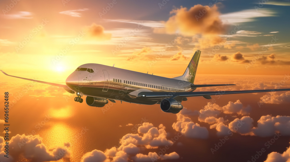 plane flies in the sky. Generative AI plane flies in the sky. Generative AI