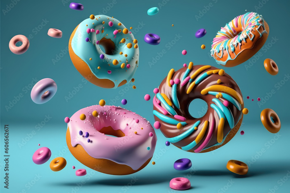 Falling rainbow delicious donuts on a flat blue background. Flying donuts with mirrored chocolate glaze and colored sprinkles. Generative AI 3d render illustration imitation. Falling rainbow delicious donuts on a flat blue background. Flying donuts with mirrored chocolate glaze and colored sprinkles. Generative AI 3d render illustration imitation.