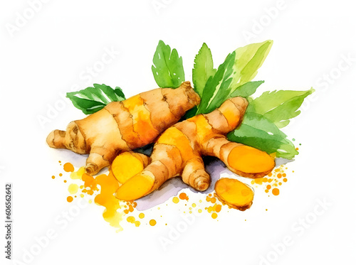 Watercolor Turmeric with leaves isolated on white background