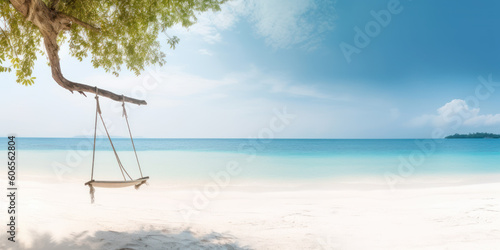 Tropical beach background, summer relax landscape with beach swing or hammock and white sand and calm sea. exotic fantasy landscapes. Luxury Vacation and summer holiday concept. wide panorama. AI