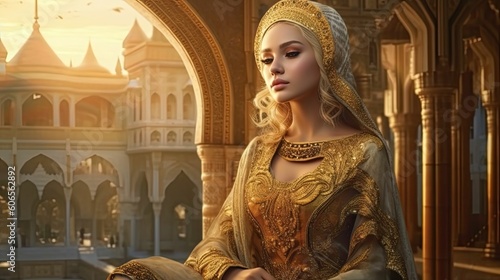 The Splendor of Modest Dressing: A Muslim Queen in a Magnificent and Regal Gown, generative ai