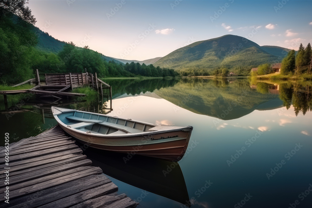 Wooden boat parked next to a old wooden dock at evening with mountains on background. Reflection of the forest in the green water. Beautiful sunny day. AI Wooden boat parked next to a old wooden dock at evening with mountains on background. Reflection of the forest in the green water. Beautiful sunny day. AI