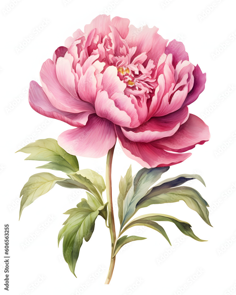 Watercolor Peony flower with leaves isolated on white background Watercolor Peony flower with leaves isolated on white background