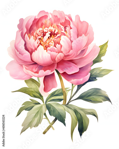 Watercolor Peony flower with leaves isolated on white background