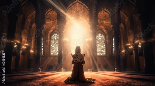 Young Muslim woman praying at mosque, generative ai