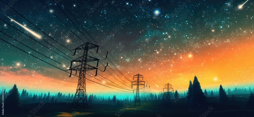 high voltage towers with power line grid for transmission of electricity, beautiful industrial landscape, generative ai