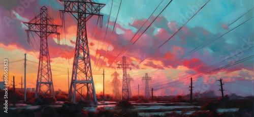 High voltage power lines in the sky, generative ai