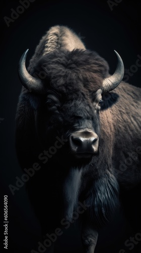 The close-up reveals the rugged strength and majestic presence of the bison
